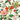Colorful floral and bird pattern with red flowers, green leaves, and a bird on a white background.