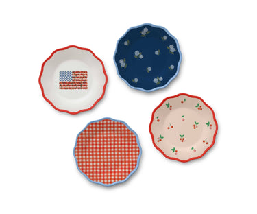 Rifle Paper Co. - Americana Melamine Assorted Dessert Plates, Set of 4. Designs feature floral American flag, red gingam, cherries, and hydrangeas.