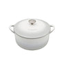 White enameled cast iron Dutch oven with lid on a white background