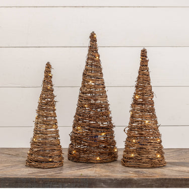 Lighted Grapevine Cone Trees- Set of 3
