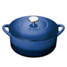 Blue cast iron cookware pot with a white knob on a white background