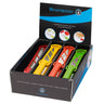 Display box of Messermeister paring knives with colorful handles on a white background.