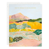Colorful landscape illustration with mountains and text on a light blue background