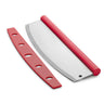 Image shows soft grip rocking pizza cutter with cover. Handle and cover are red, blade is stainless steel.