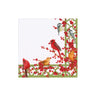 Caspari Winter Birds and Berries cocktail napkin has a white background featuring songbirds playfully nestled amongst vivid red winter berries along a green trefoil border.