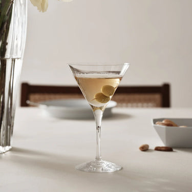 Detail Orrefors More Martini Glass with martini and olives on pick