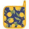 Lemons Potholder features yellow lemons and green leaves against a blue background. It’s trimmed in yellow