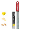 Pomegranate Red Zester on a white background with images of citrus fruit, hard cheese, and ginger. 