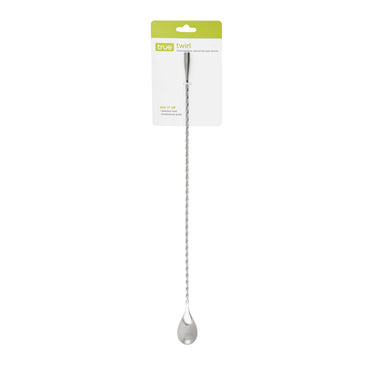 Metallic mixing spoon with packaging labeled 'true twist' on a white background