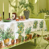 white tablecloth with potted plants trees olive lemon